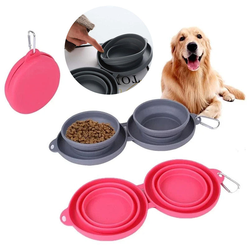 Rubber Foldable Double Bowl Pet Feeding Bowl for Dogs and Cats