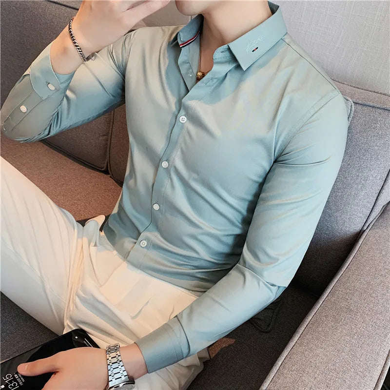 Nukty British Style Men's Long Sleeved Shirt - Slim Fit, Anti-Wrinkle, Casual Dress Shirt