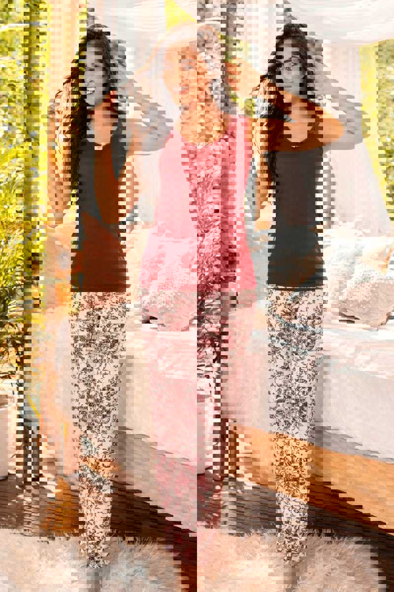 Adele Red Wine Top and Rose Print Pants Pajama Set