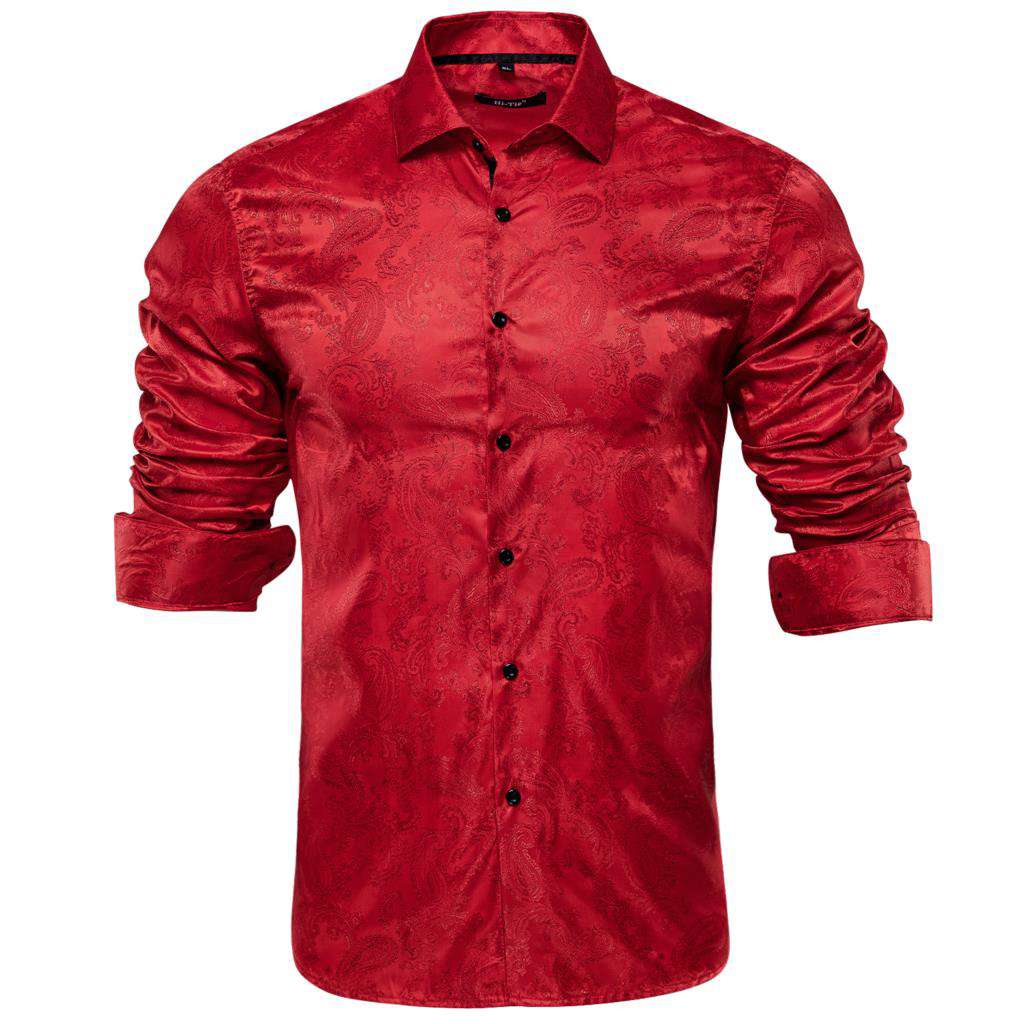 Red Wine Solid Paisley Silk Long Sleeve Shirt