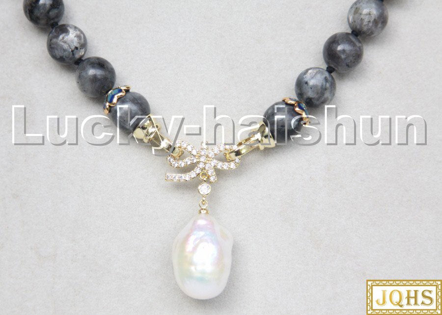 Natural 18 10mm Round Gray Rainbow Labradorite White Keshi Pearl Pendant Necklace