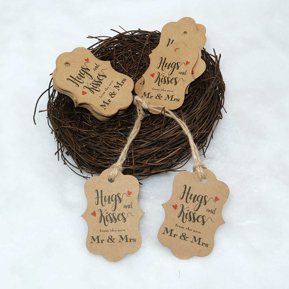 Original Design 100PCS Hug & Kisses Wedding Favor Gift Tags with Jute Twine for Bridal Baby Shower Anniversary