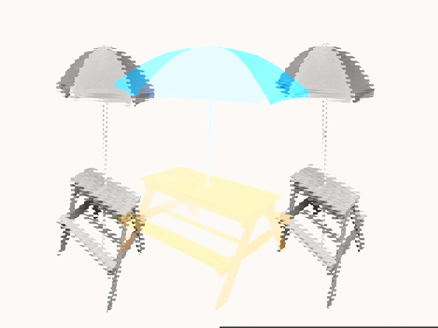 BTExpert Kids 3-in-1 Sand Water Activity Table Wooden Outdoor Convertible Picnic Table Bench with Adjustable Umbrella