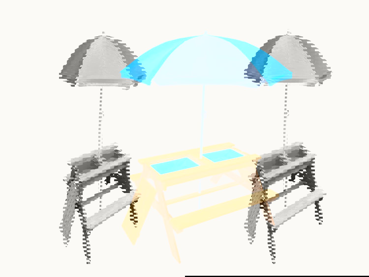 BTExpert Kids 3-in-1 Sand Water Activity Table Wooden Outdoor Convertible Picnic Table Bench with Adjustable Umbrella