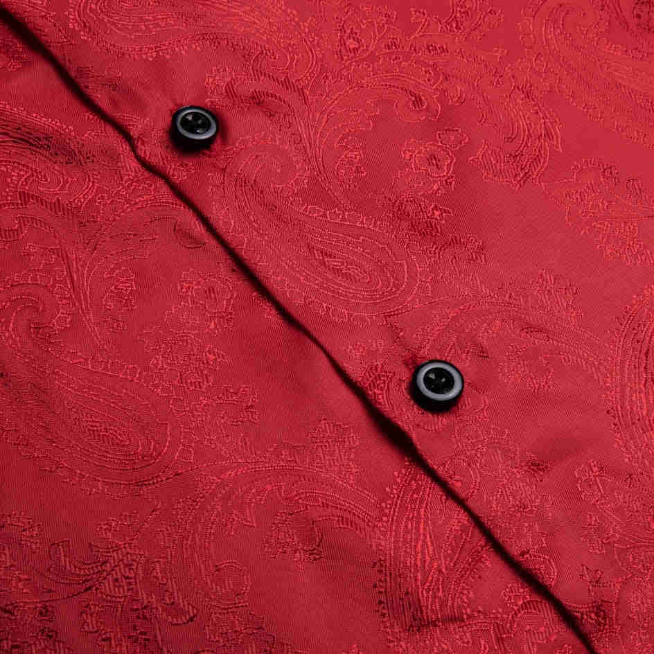 Red Wine Solid Paisley Silk Long Sleeve Shirt