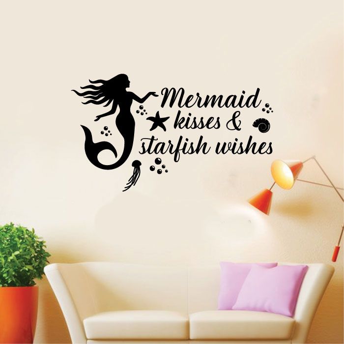 Inspirational Quote Vinyl Wall Sticker Decal - Starfish Wishes Mermaid Silhouette