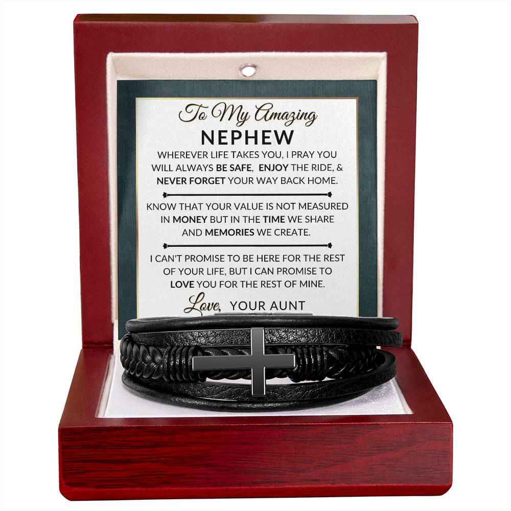 Mens Braided Leather Bracelet with Cross - Thoughtful Gift for Nephew from Aunt