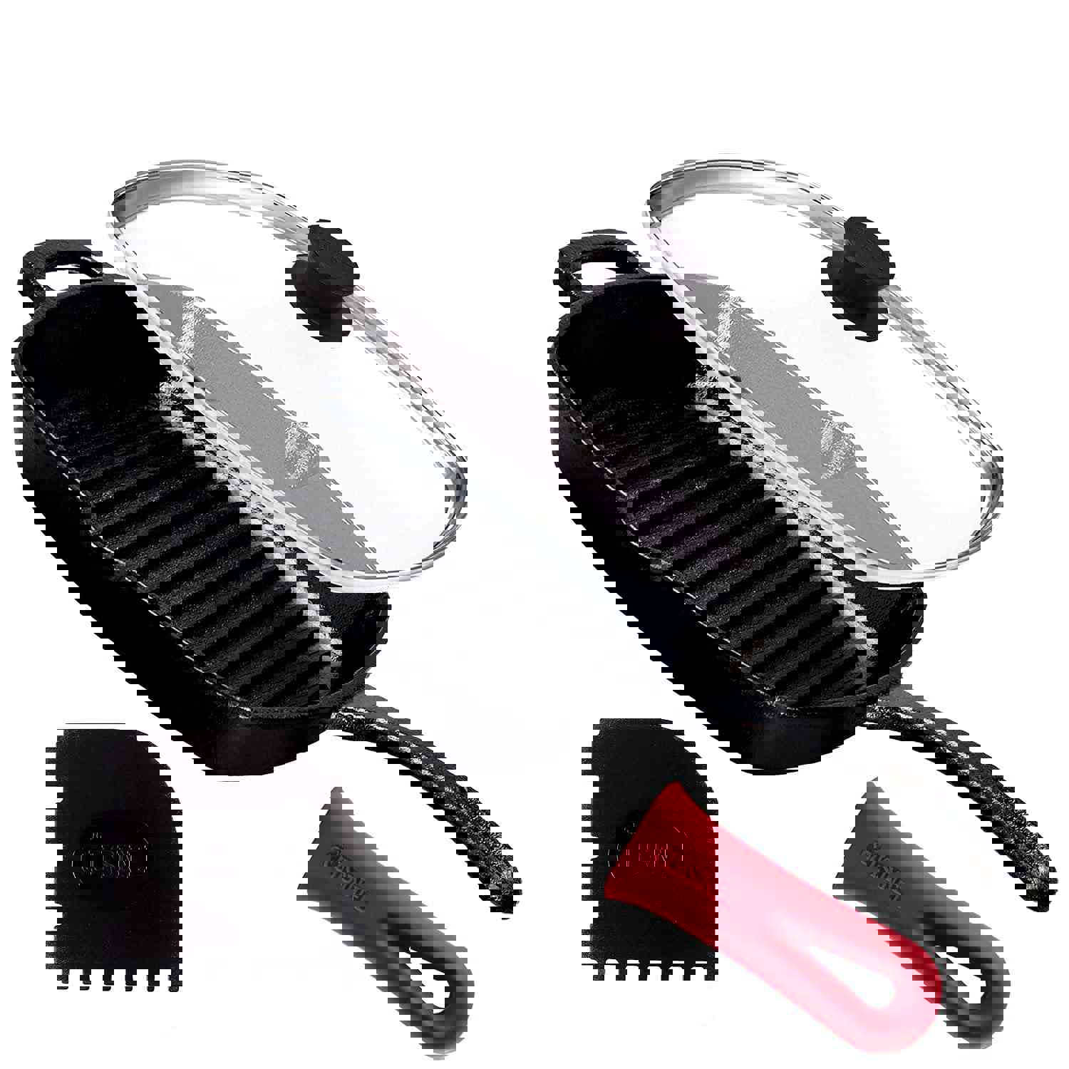 Cuisinel Cast Iron Square Grill Pan with Glass Lid - 10.5 Inch Pre-Seasoned Skillet for Indoor & Outdoor Cooking