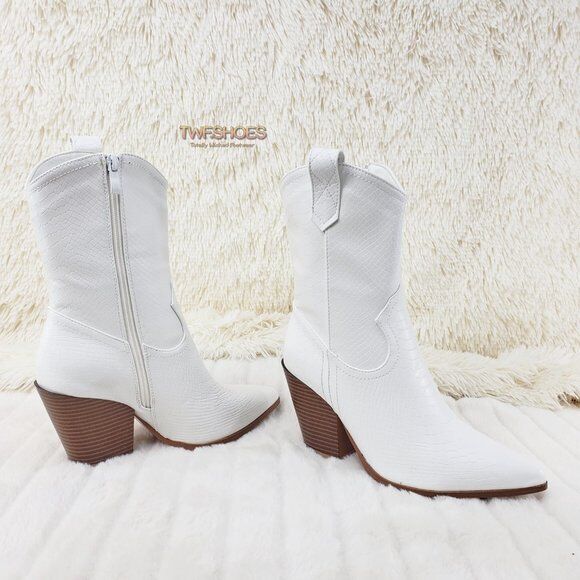 Slayer White Cowgirl Cowboy Ankle Boots with Western Block Heels