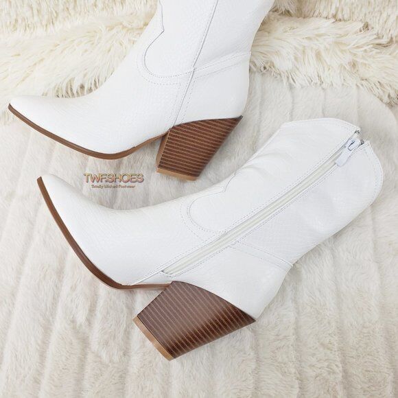 Slayer White Cowgirl Cowboy Ankle Boots with Western Block Heels