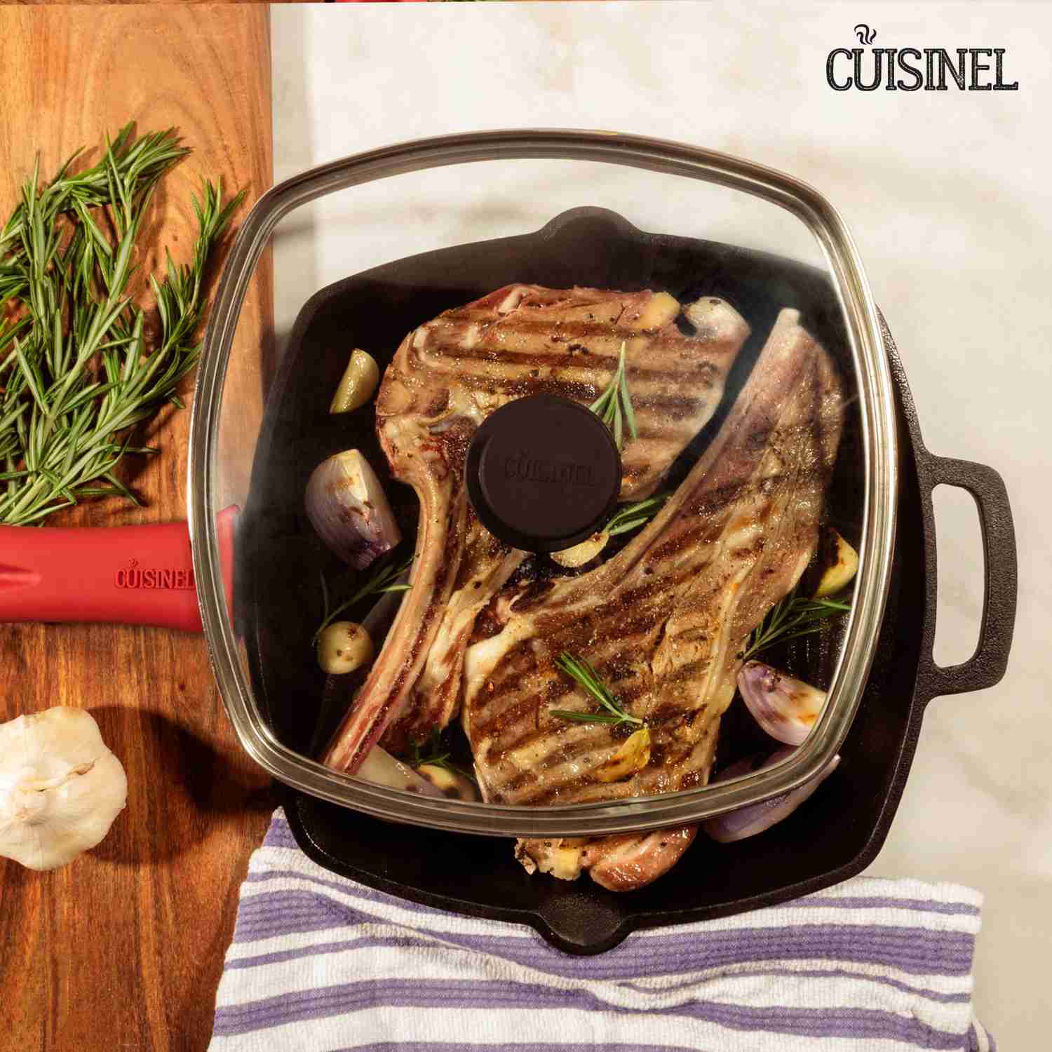 Cuisinel Cast Iron Square Grill Pan with Glass Lid - 10.5 Inch Pre-Seasoned Skillet for Indoor & Outdoor Cooking