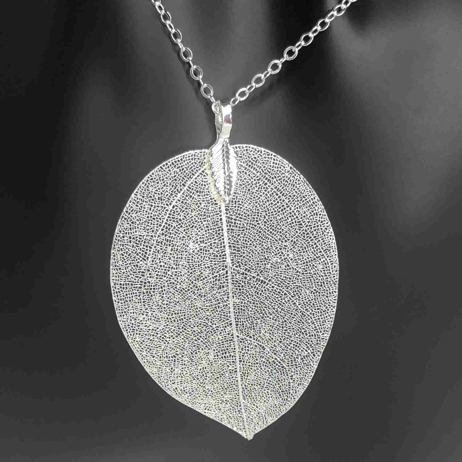 Silver Filigree Leaf Long Chain Necklace