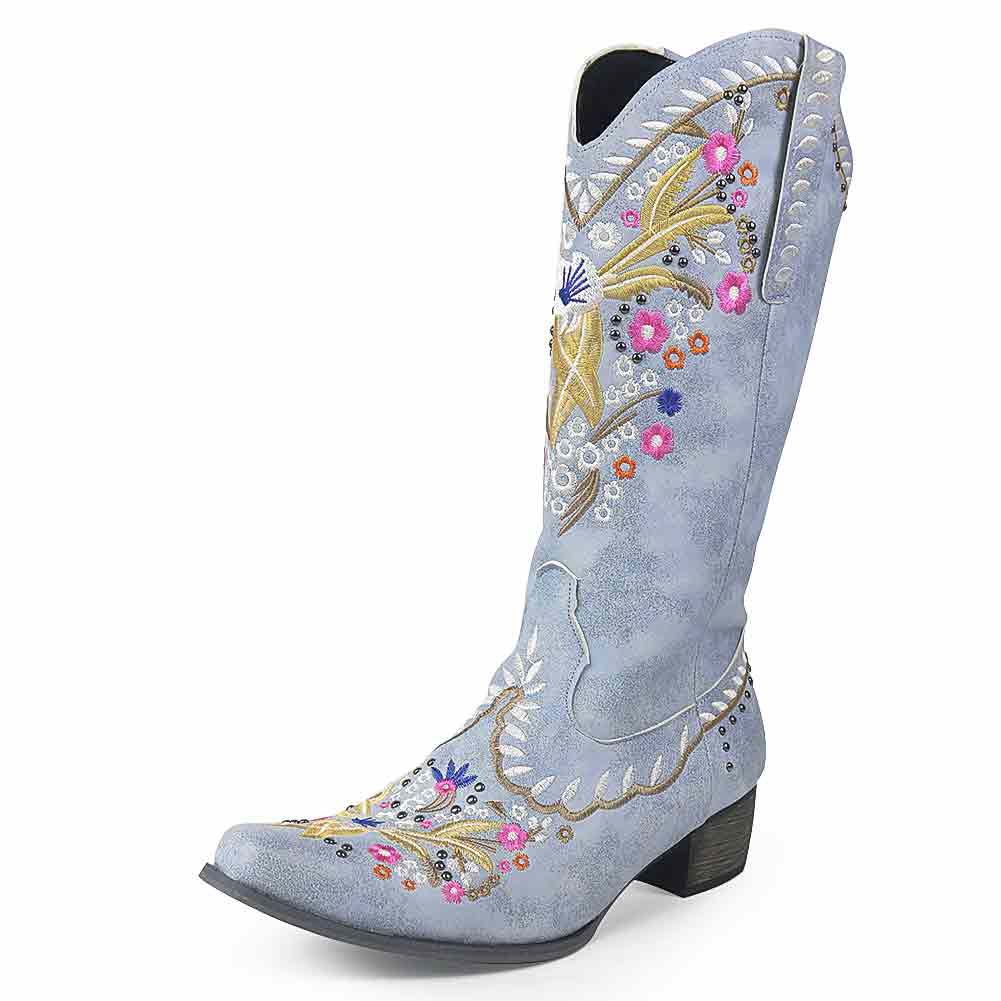 Embroidery Sewing Floral Western Cowboy Boots For Women - Retro Vintage Mid-calf Cowgirl Shoes