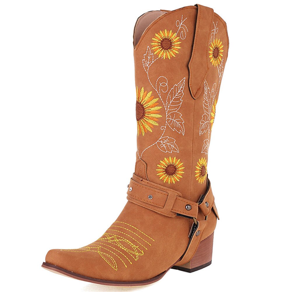 Embroidery Sewing Floral Western Cowboy Boots For Women - Retro Vintage Mid-calf Cowgirl Shoes