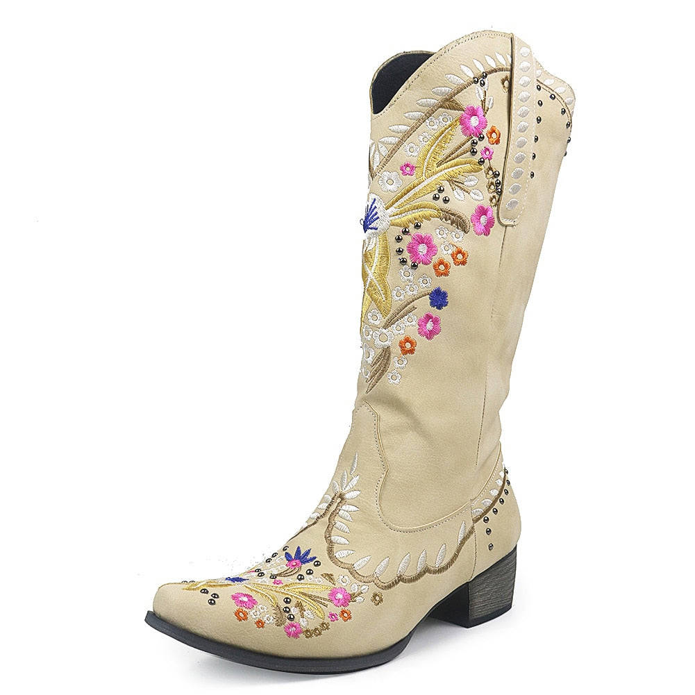 Embroidery Sewing Floral Western Cowboy Boots For Women - Retro Vintage Mid-calf Cowgirl Shoes
