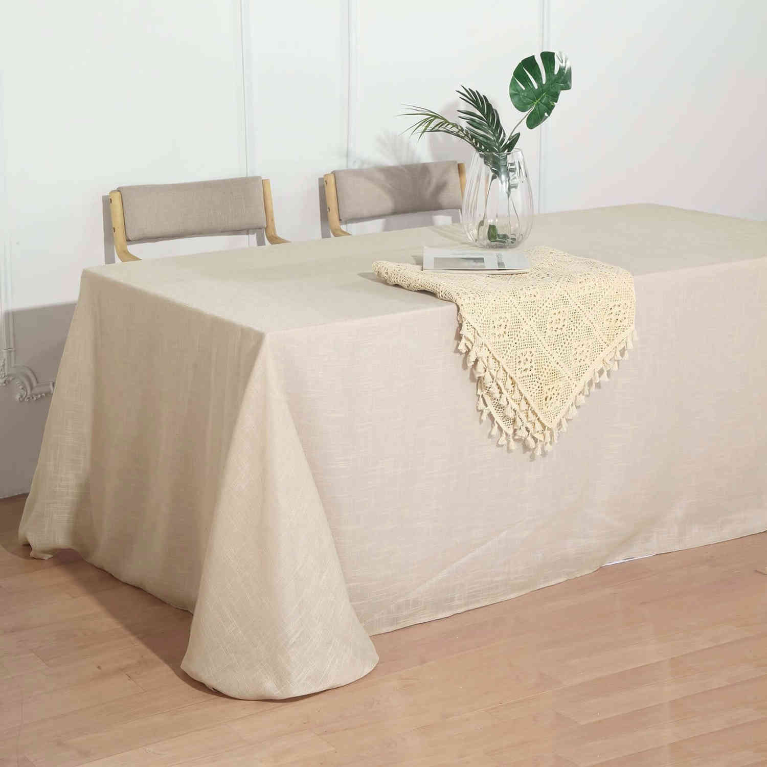Beige Seamless Rectangular Tablecloth with Slubby Texture, Wrinkle Resistant Faux Linen Tablecloth 90x156