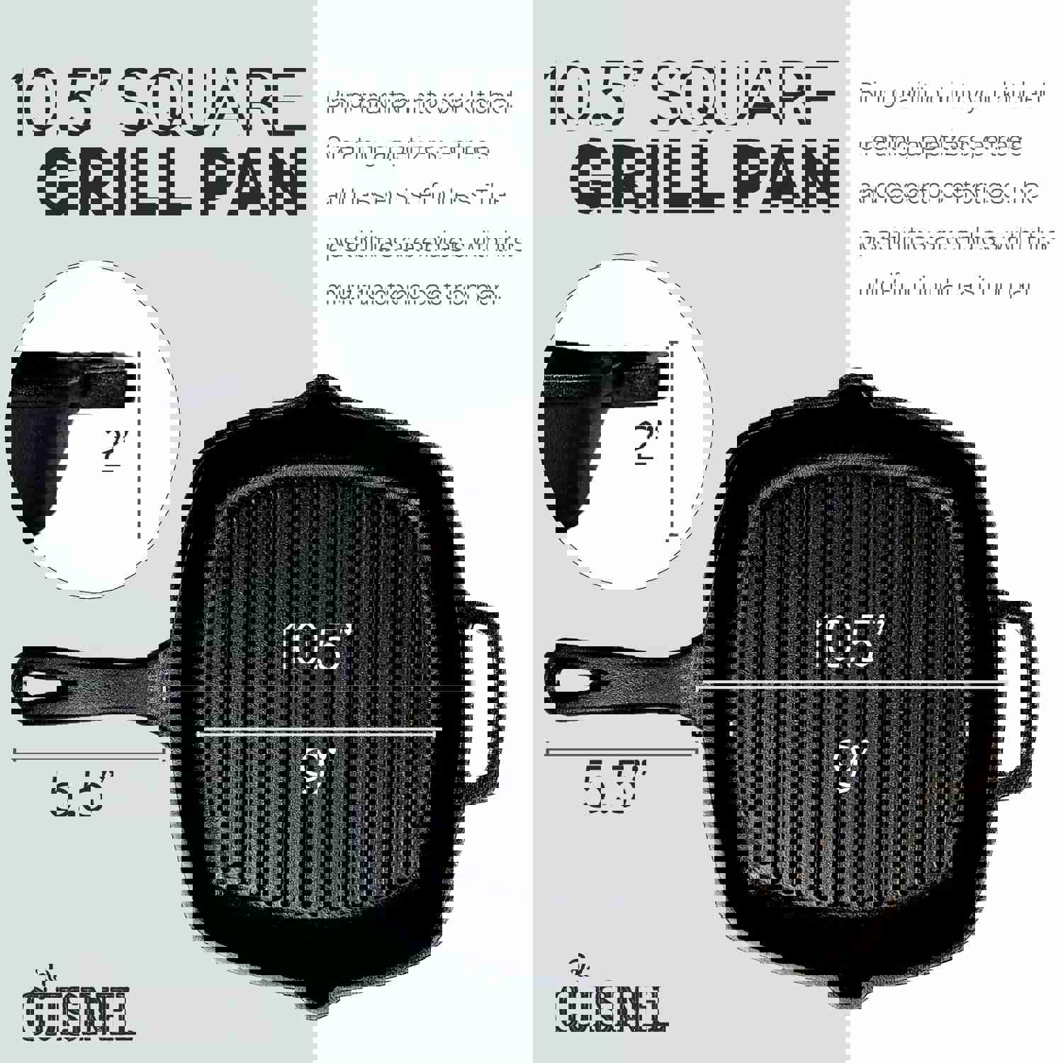 Cuisinel Cast Iron Square Grill Pan with Glass Lid - 10.5 Inch Pre-Seasoned Skillet for Indoor & Outdoor Cooking