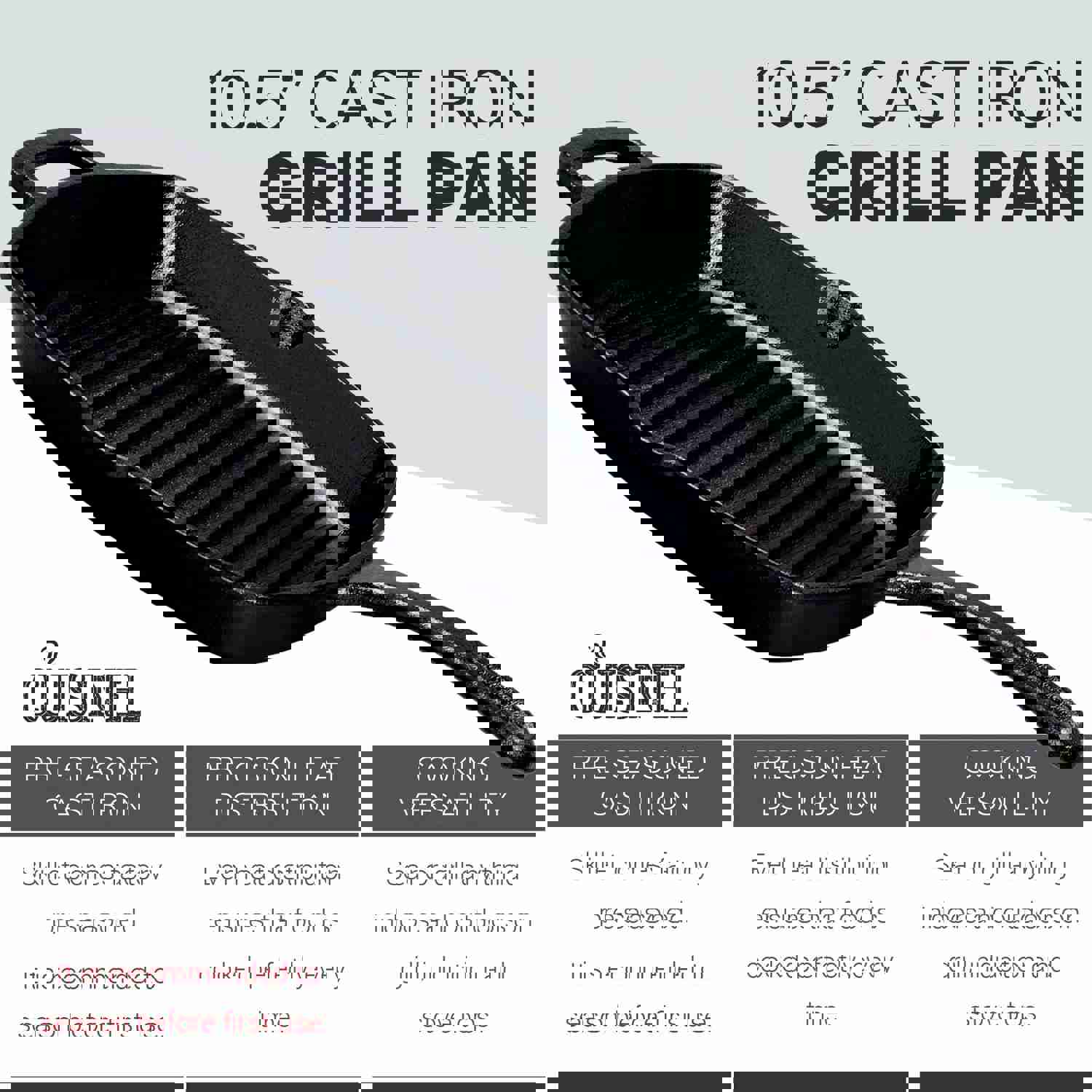 Cuisinel Cast Iron Square Grill Pan with Glass Lid - 10.5 Inch Pre-Seasoned Skillet for Indoor & Outdoor Cooking