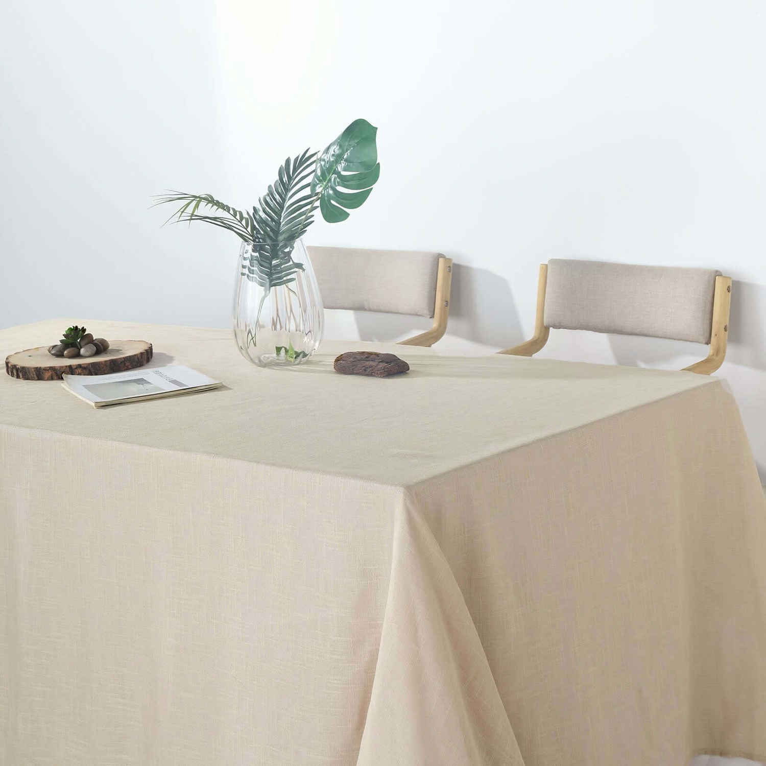 Beige Seamless Rectangular Tablecloth with Slubby Texture, Wrinkle Resistant Faux Linen Tablecloth 90x156