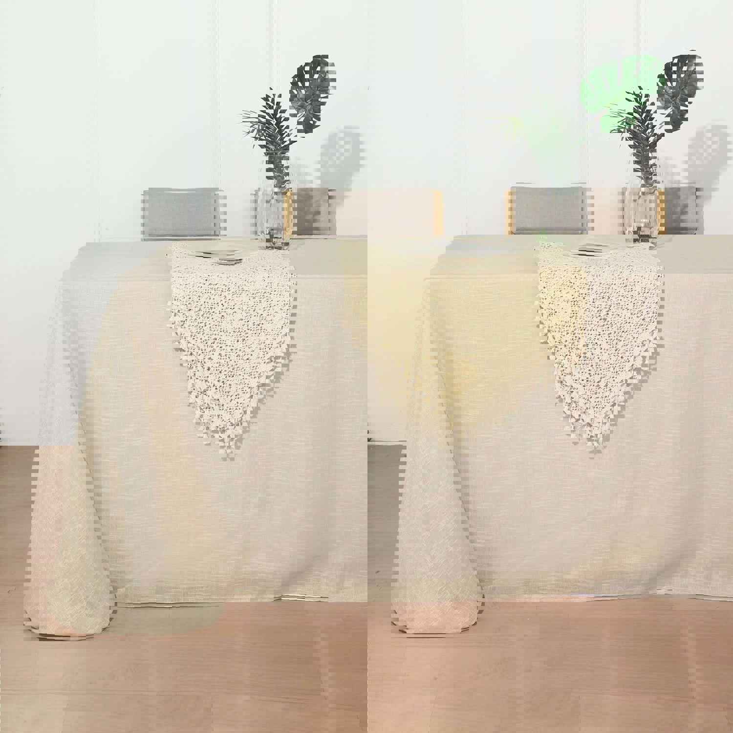 Beige Seamless Rectangular Tablecloth with Slubby Texture, Wrinkle Resistant Faux Linen Tablecloth 90x156