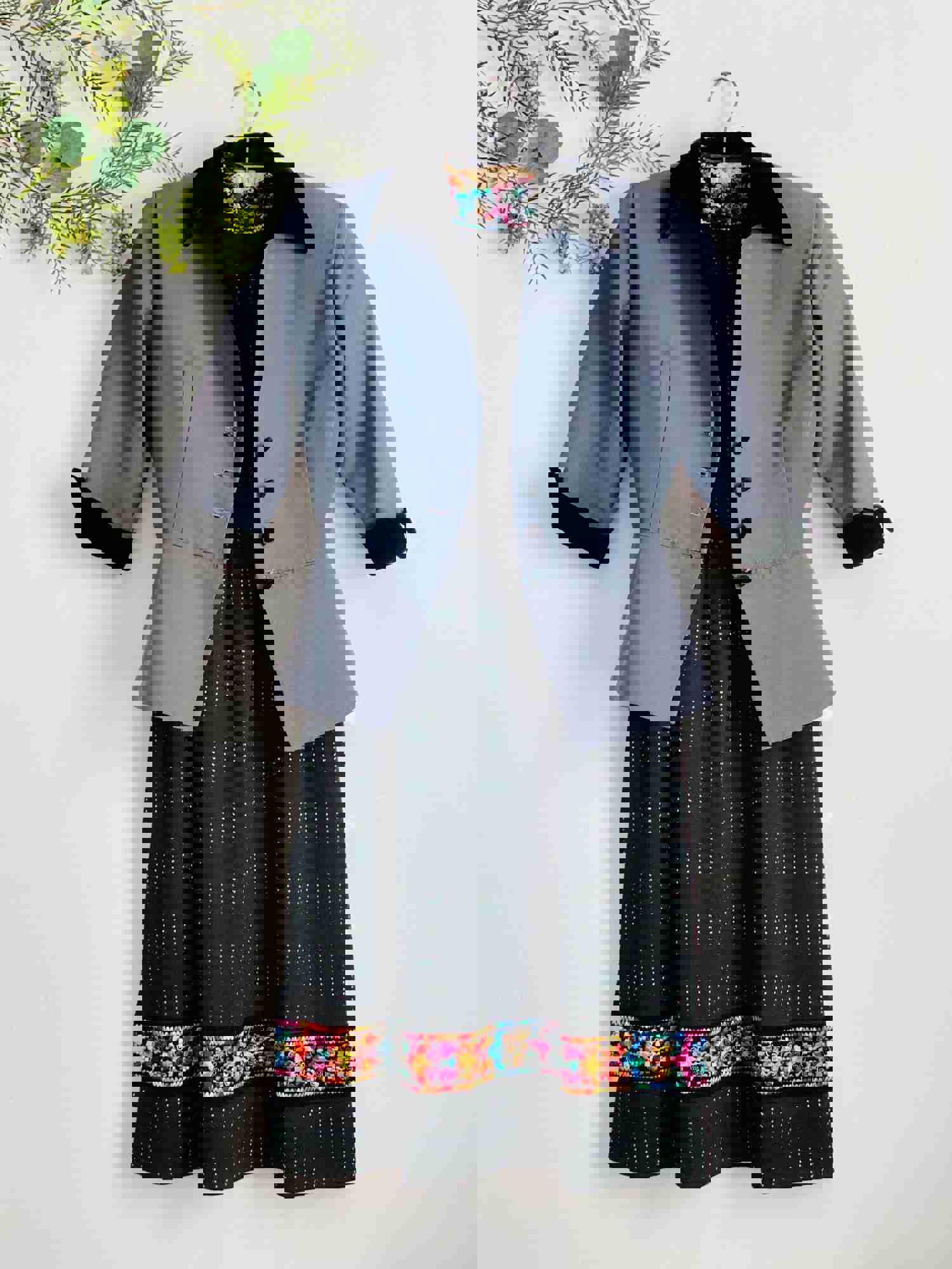 Vintage 1940s Blue Peplum Jacket with Black Velvet