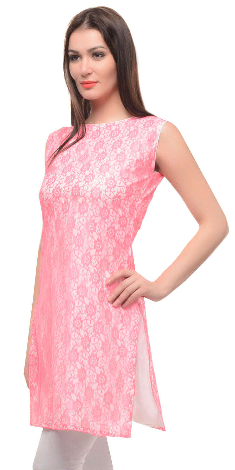 India Tunic Top Long Kurti Rayon Womens Sleeveless Indian Clothing (Pink)