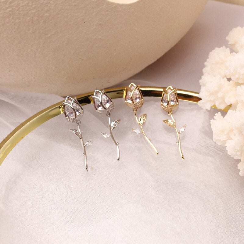 Korean Design Creative Copper Inlaid Zircon Tulip Flower Dangle Earrings for Women