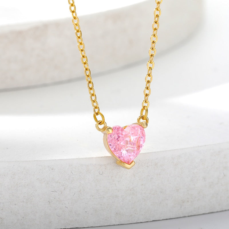 Crystal Heart Pendant Necklace - Gold & Platinum Stainless Steel