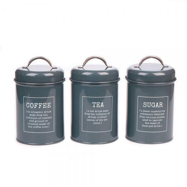 3-Piece Gray Metal Food Storage Tin Set for Coffee, Tea, and Sugar
