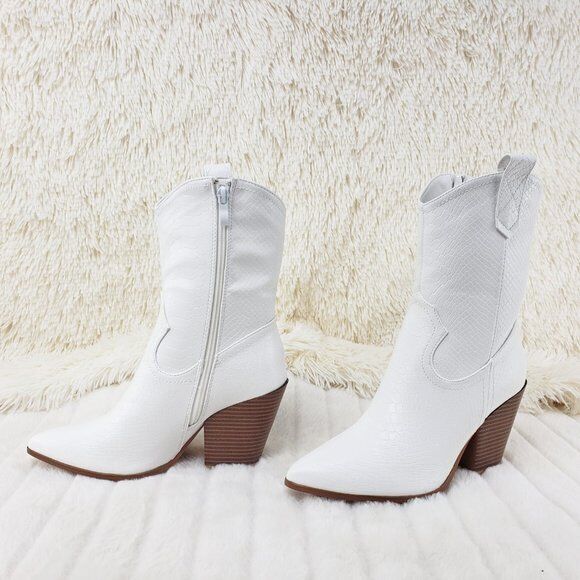 Slayer White Cowgirl Cowboy Ankle Boots with Western Block Heels
