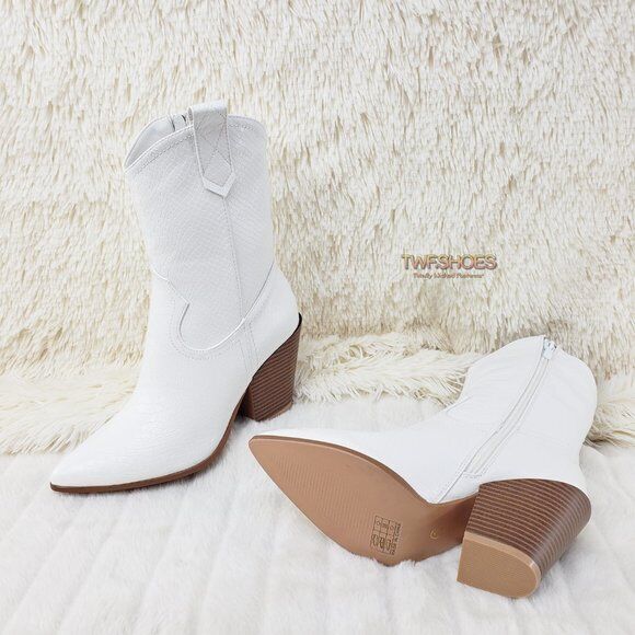 Slayer White Cowgirl Cowboy Ankle Boots with Western Block Heels