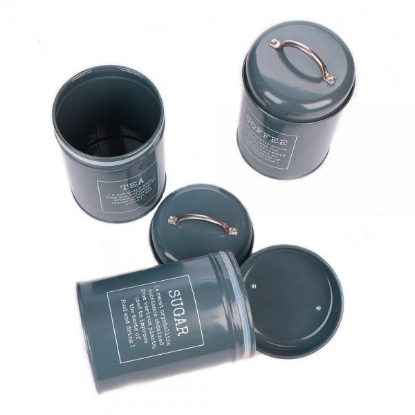 3-Piece Gray Metal Food Storage Tin Set for Coffee, Tea, and Sugar