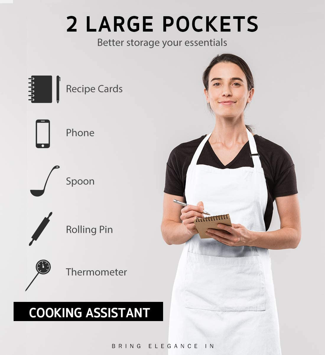 2 Pack Adjustable Bib Apron - Thicker Waterdrop Resistant with Pockets for Cooking, Kitchen, Chef (White & Black)
