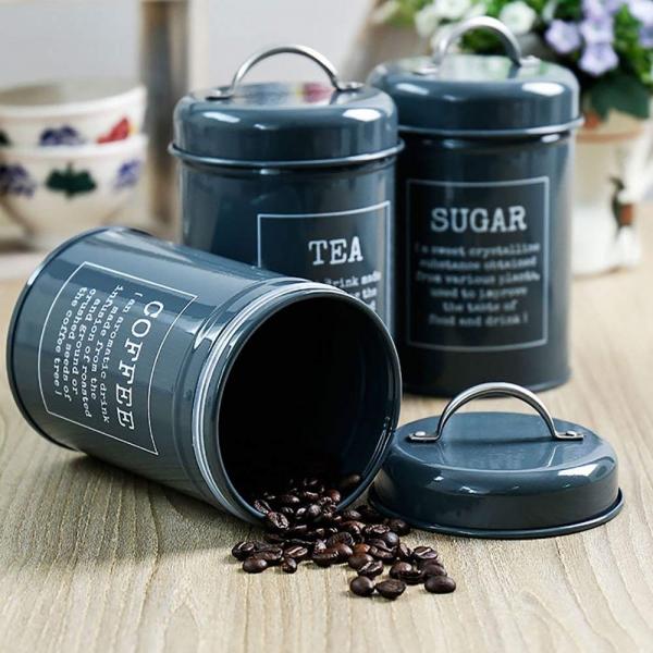 3-Piece Gray Metal Food Storage Tin Set for Coffee, Tea, and Sugar