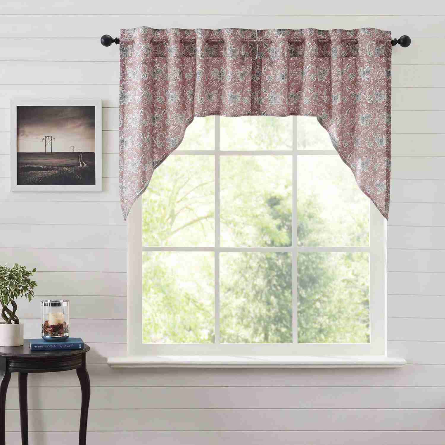 Farmhouse Swag Set Kaila Floral Pink Blue Creme Country Kitchen Curtains