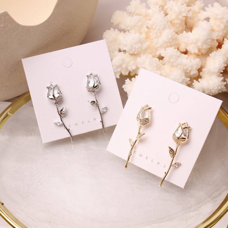 Korean Design Creative Copper Inlaid Zircon Tulip Flower Dangle Earrings for Women