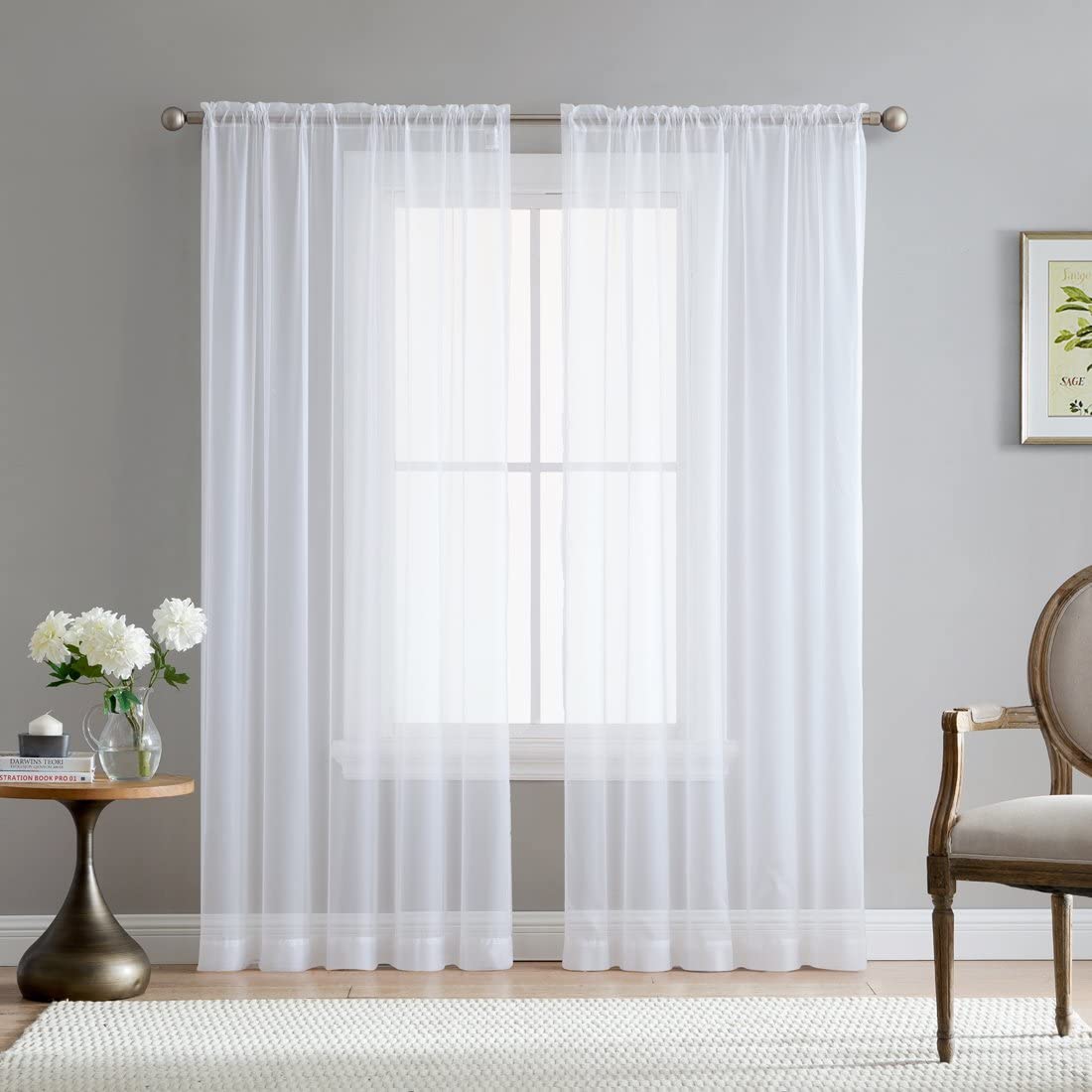 HLC.ME White Sheer Voile Window Treatment Rod Pocket Curtain Panels (54 x 72 inches, Set of 2)