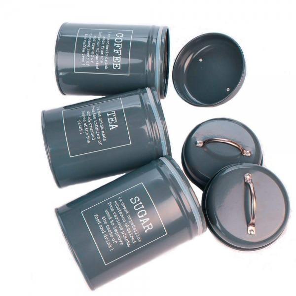 3-Piece Gray Metal Food Storage Tin Set for Coffee, Tea, and Sugar