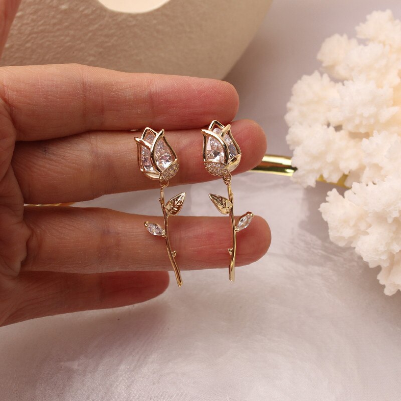 Korean Design Creative Copper Inlaid Zircon Tulip Flower Dangle Earrings for Women