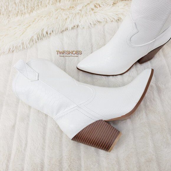 Slayer White Cowgirl Cowboy Ankle Boots with Western Block Heels