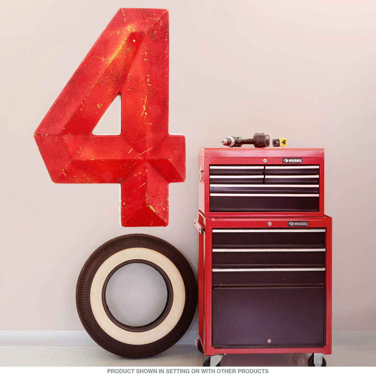 Number 4 Distressed Wall Decal Red - Vintage Retro Home Decor