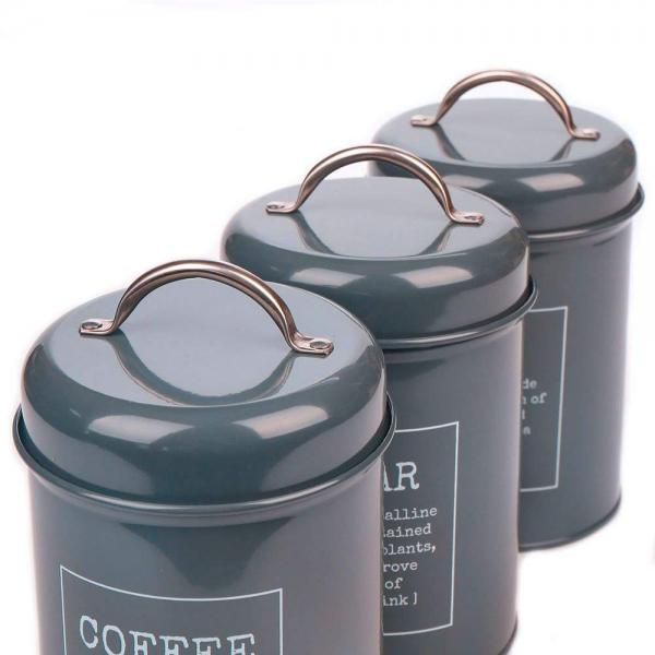 3-Piece Gray Metal Food Storage Tin Set for Coffee, Tea, and Sugar
