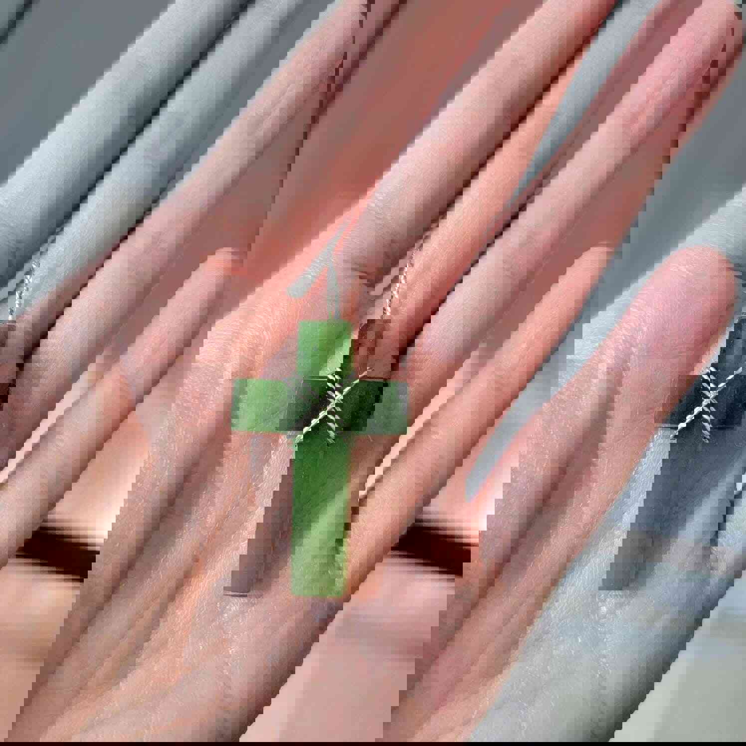 Genuine Nephrite Jade Cross Pendant Necklace with Sterling Silver Bail