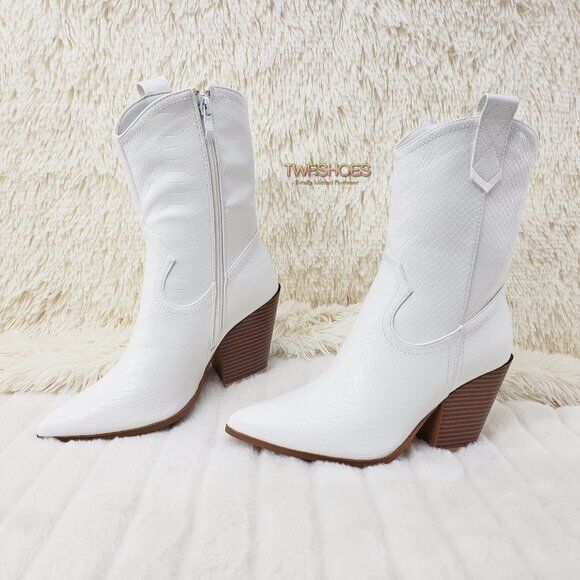 Slayer White Cowgirl Cowboy Ankle Boots with Western Block Heels