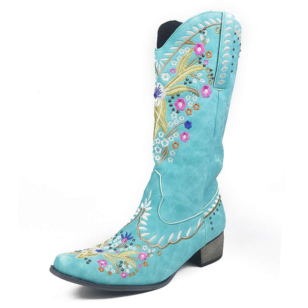 Embroidery Sewing Floral Western Cowboy Boots For Women - Retro Vintage Mid-calf Cowgirl Shoes