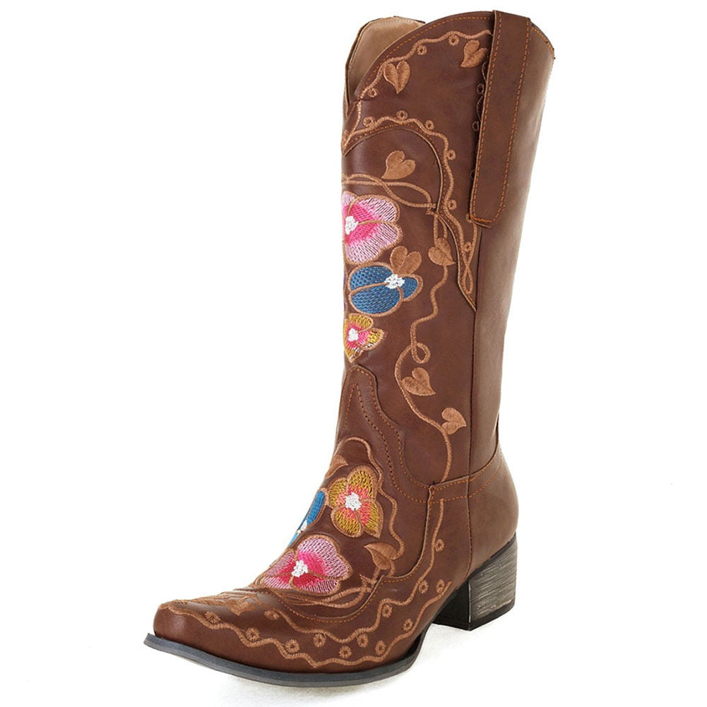 Embroidery Sewing Floral Western Cowboy Boots For Women - Retro Vintage Mid-calf Cowgirl Shoes