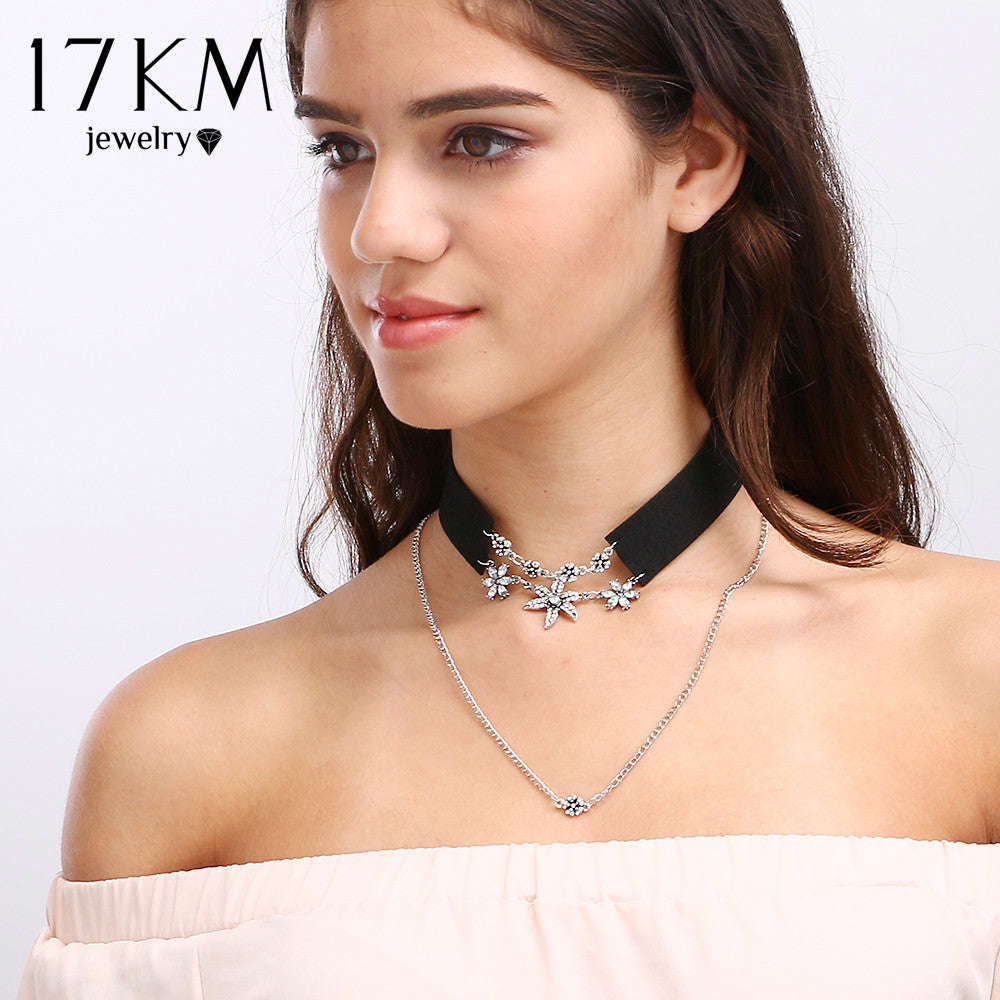 17KM Fashion Crystal Flower Tattoo Choker Necklace for Women - Black and Pink Velvet Vintage Leather Collar Jewelry