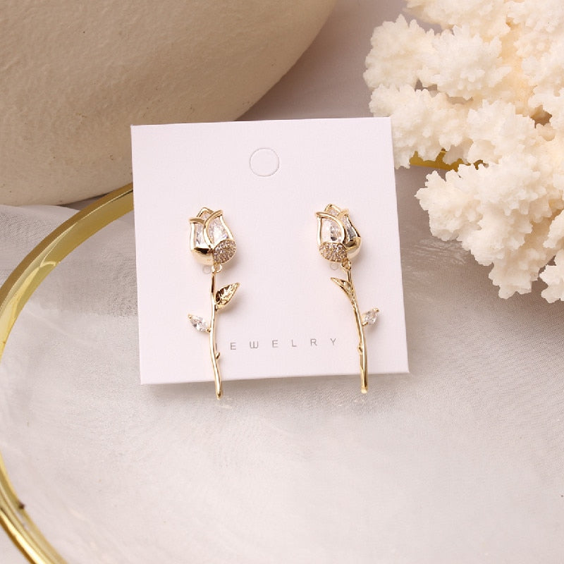 Korean Design Creative Copper Inlaid Zircon Tulip Flower Dangle Earrings for Women