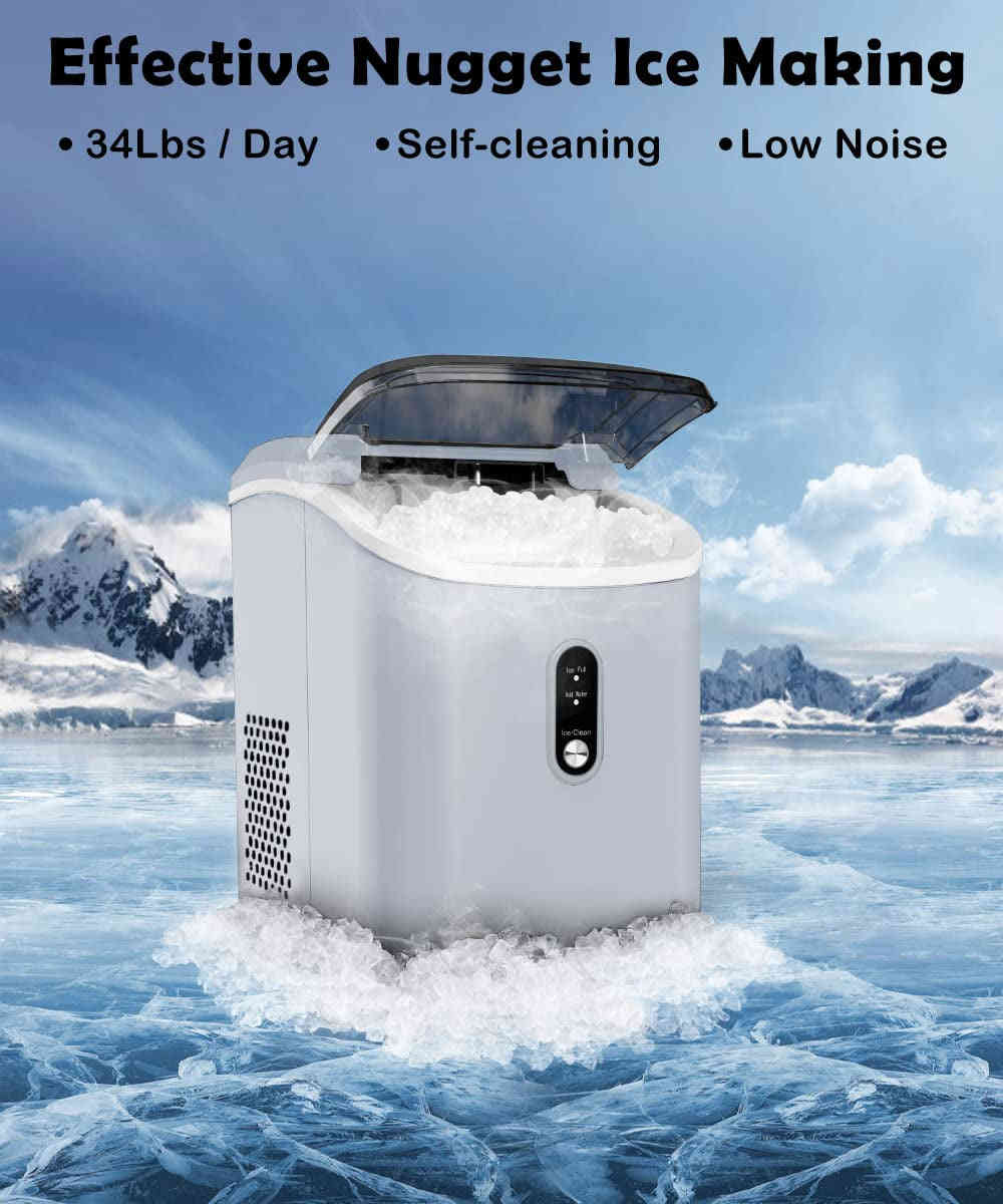 Portable Nugget Ice Maker with Self-Cleaning, 34Lbs/Day Output for Home, Kitchen, Office, and Parties
