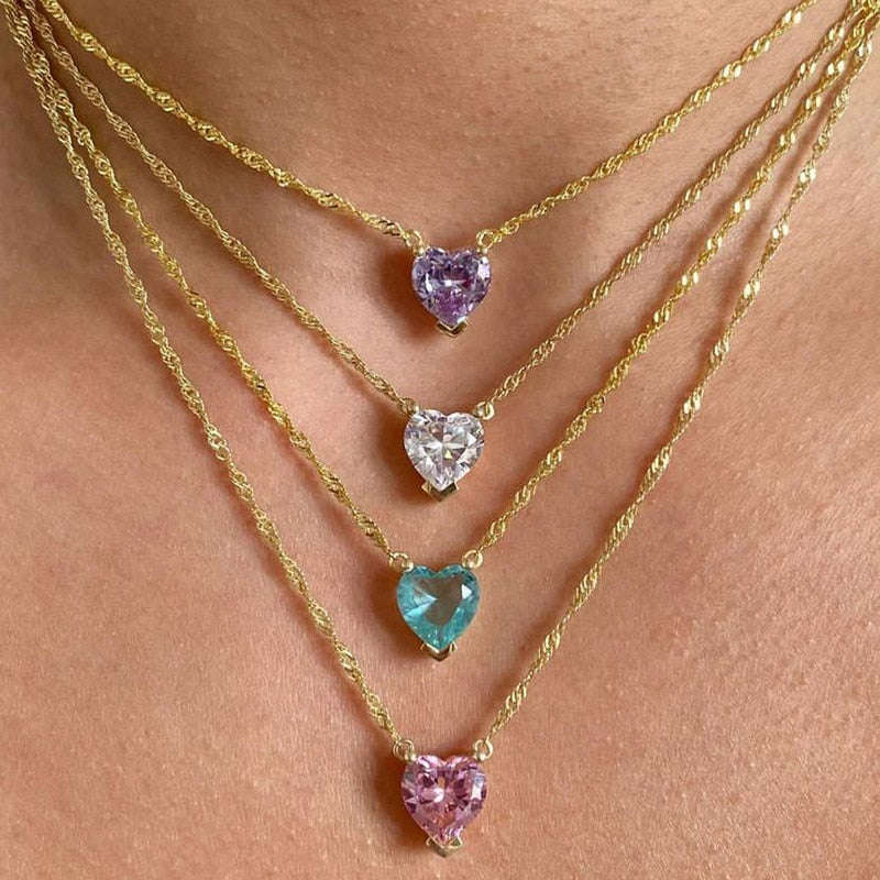 Crystal Heart Pendant Necklace - Gold & Platinum Stainless Steel